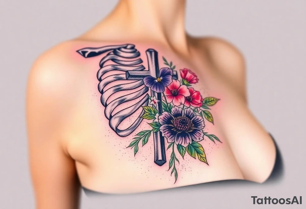 A tattoo with ribs and a cross representing from death to life. Incorporate the following flowers in a bouquet coming out of the life side. Morning Glory, Lily of the Valley, Daffodil, Rose, Poppy, Violet tattoo idea