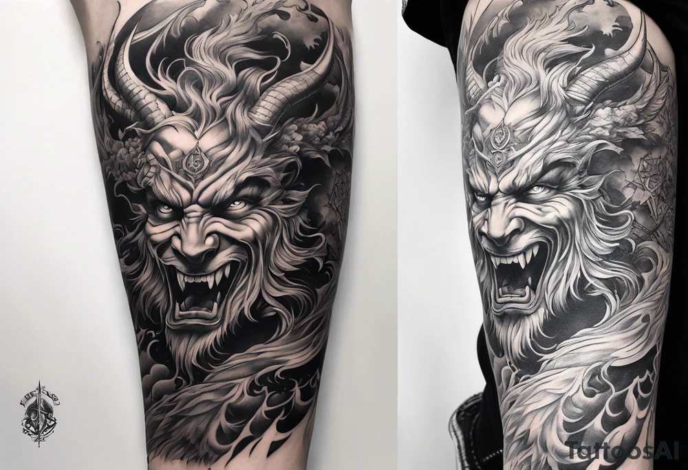 arm sleeve heaven at the top, satan falling down hellscape at bottom tattoo idea