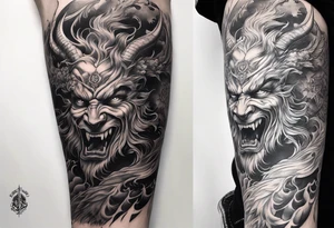 arm sleeve heaven at the top, satan falling down hellscape at bottom tattoo idea