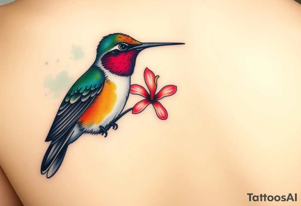 A humming bird gathering nectar from a flower, scetch style, side profile, full body view, strong vibrant colours, watercolour background tattoo idea
