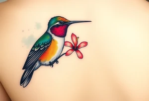 A humming bird gathering nectar from a flower, scetch style, side profile, full body view, strong vibrant colours, watercolour background tattoo idea