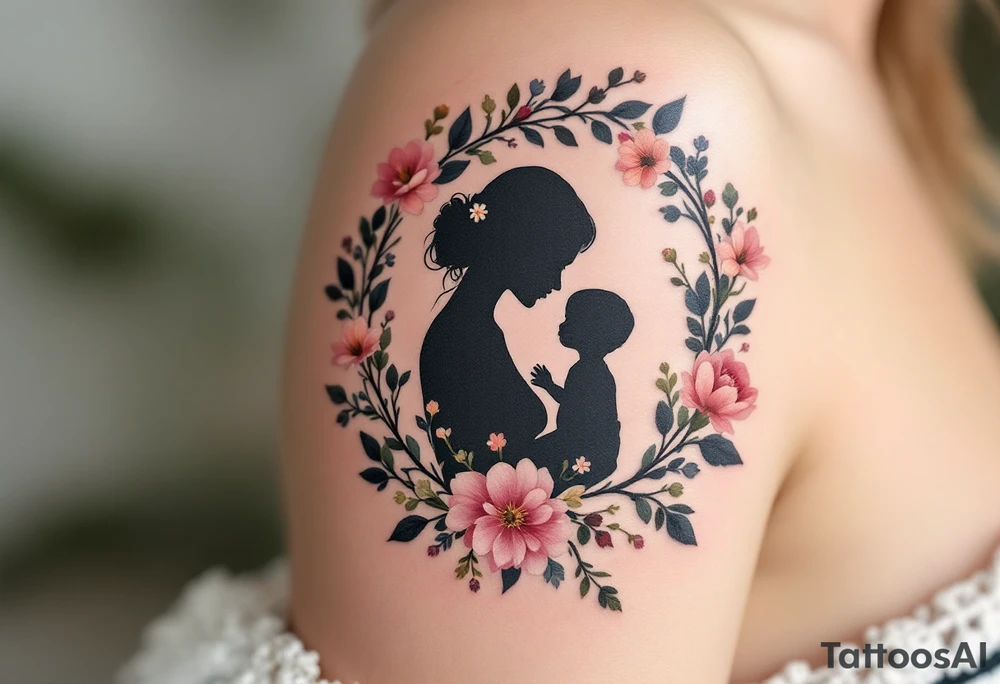 A silhouette of a mother and child in black ink encircled by a floral wreath in pastel hues represents nurturing and tenderness. tattoo idea