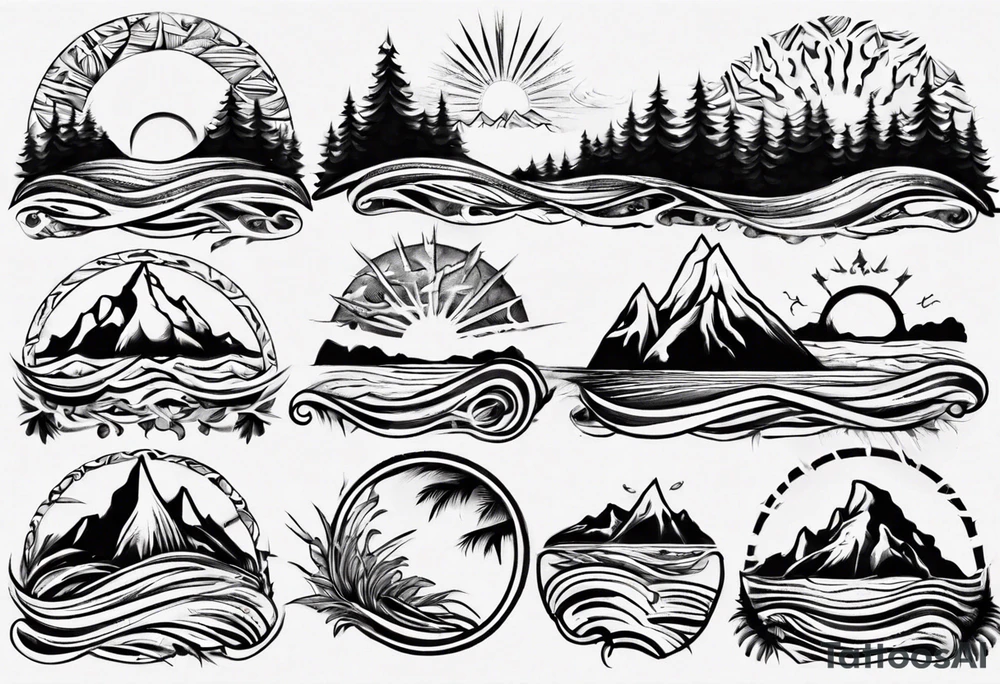 mountains, beach, waves, sunset, trees tattoo idea