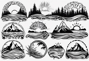 mountains, beach, waves, sunset, trees tattoo idea