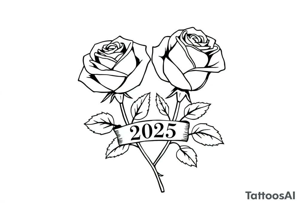 two beautiful large rose buds, one larger than the other, with many leaves next to the rose buds, with one sitting higher than the other. Include a banner connecting the two roses with the year 2025 on it.   Use dark outlines with little shading. The two stems should be short, not long, and connect and join into one stem, whimsically curved or twisted - not straight down. tattoo idea