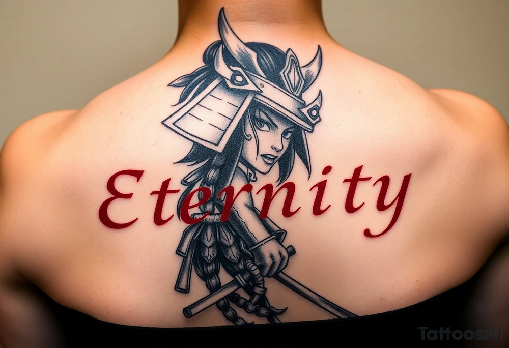 Eternity in elegant font in red and samurai girl with an over her face tattoo idea