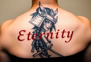 Eternity in elegant font in red and samurai girl with an over her face tattoo idea