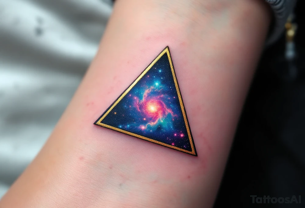 A gold-outlined triangle with a galaxy background, capturing the mystery of the universe. tattoo idea