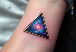 A gold-outlined triangle with a galaxy background, capturing the mystery of the universe. tattoo idea
