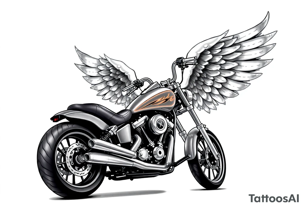 Low rider grey motorcycle, flames, angel wings tattoo idea