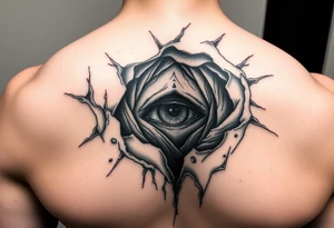 Skin torn away from throat exposing the muscles and veins with a haunting eye peering out from the wound tattoo idea