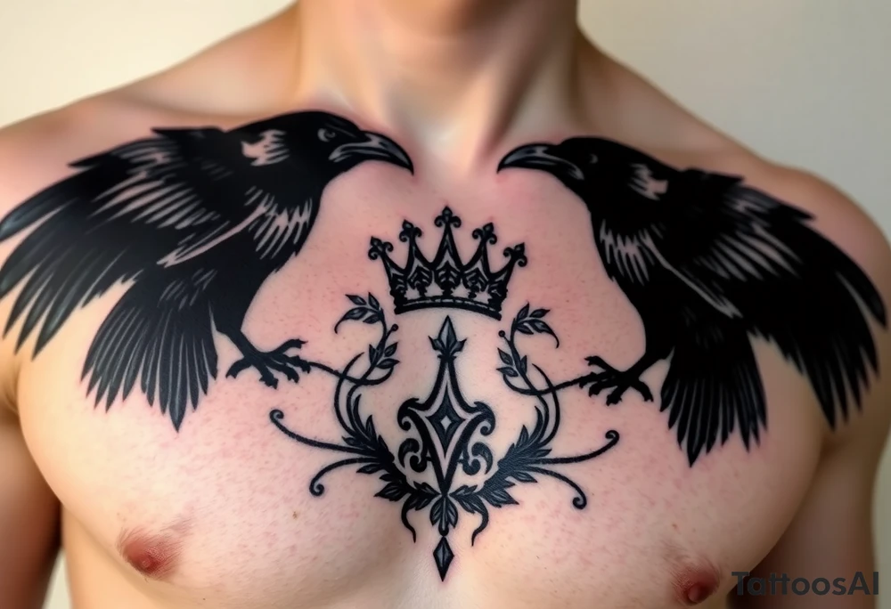 Chest tattoo, two ravens and icelandic symbols, dark brest tattoo, crown betwen ravens tattoo idea
