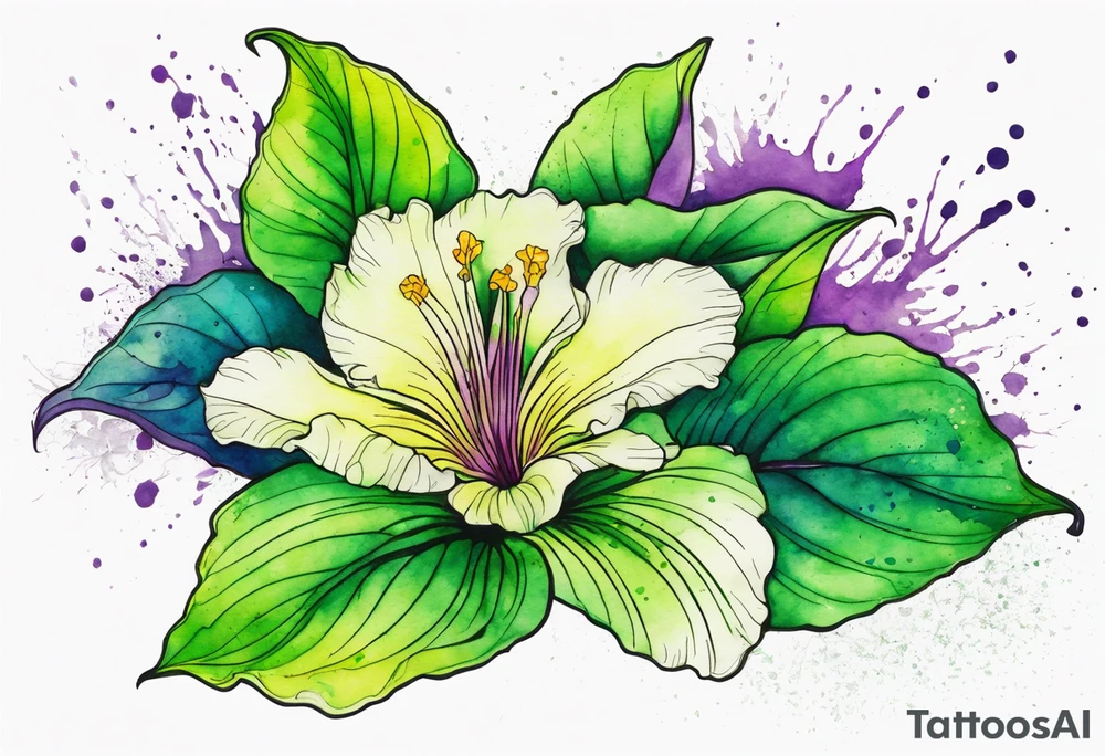 An outline of a green rio dipladenia flower and a purple watercolor splash in the background tattoo idea