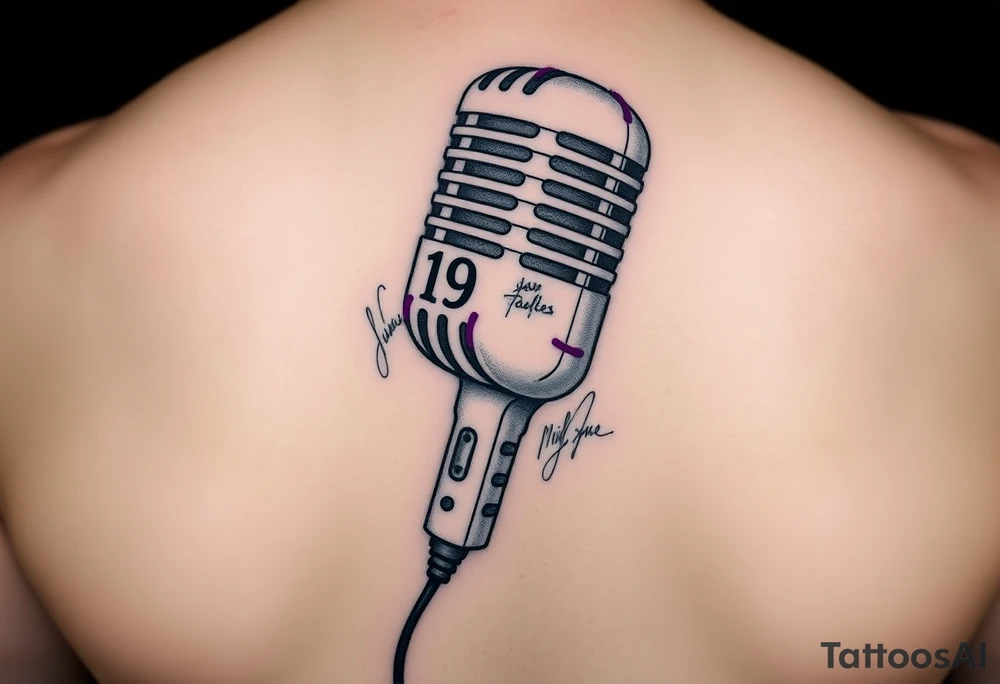 A wireless, white microphone with purple stitches holding it together all over. On the mouth part is the number 19. On the part where someone would hold the microphone is the autographs of Jared Padalecki, Misha Collins and Jensen Ackles tattoo idea
