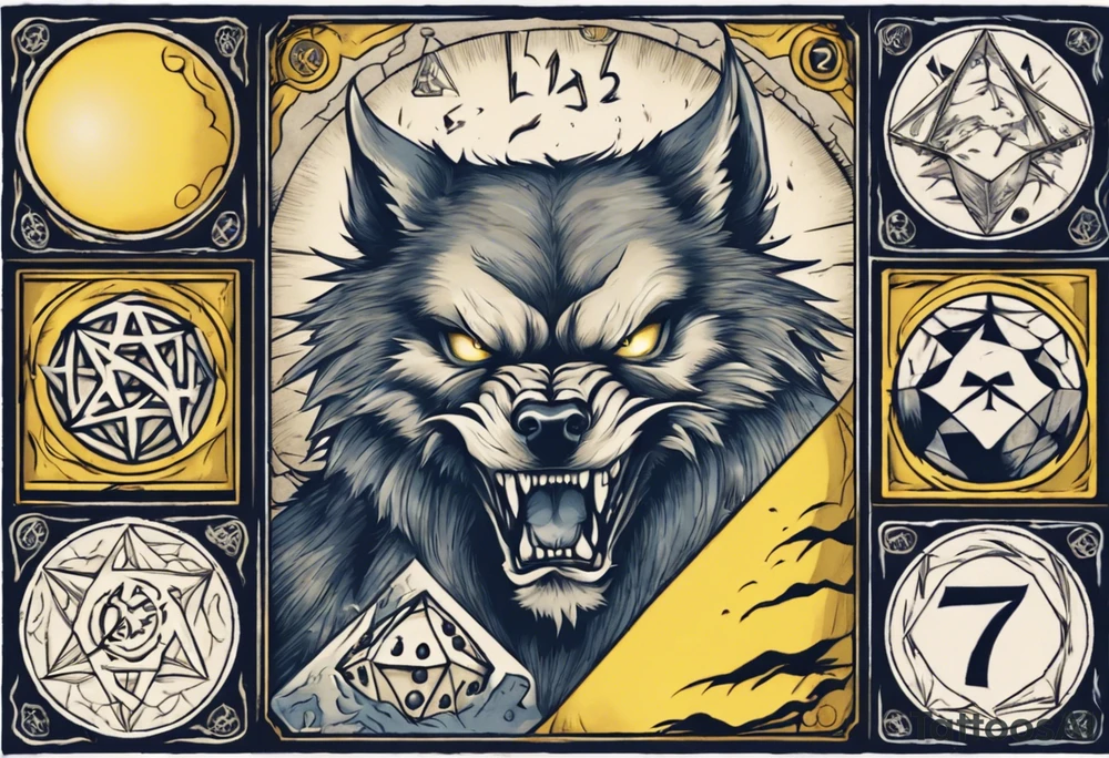 A large 20 sided Dice in the center with numbers and wolverine claw marks framing the area underneath the dice and a werewolf howling at the moon in the background, and blue and yellow faded background color tattoo idea