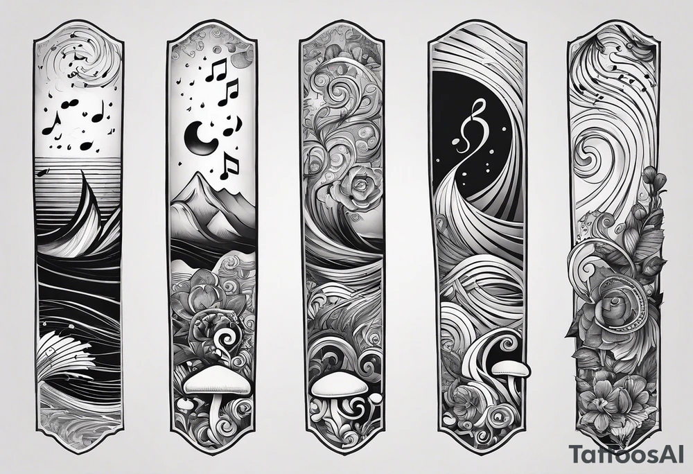 simple icons down the back of the arm featuring four icons:

1. a music note on a staff
2. a wave of water
3. a pocket
4. mushroom tattoo idea