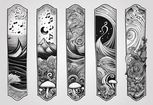 simple icons down the back of the arm featuring four icons:

1. a music note on a staff
2. a wave of water
3. a pocket
4. mushroom tattoo idea