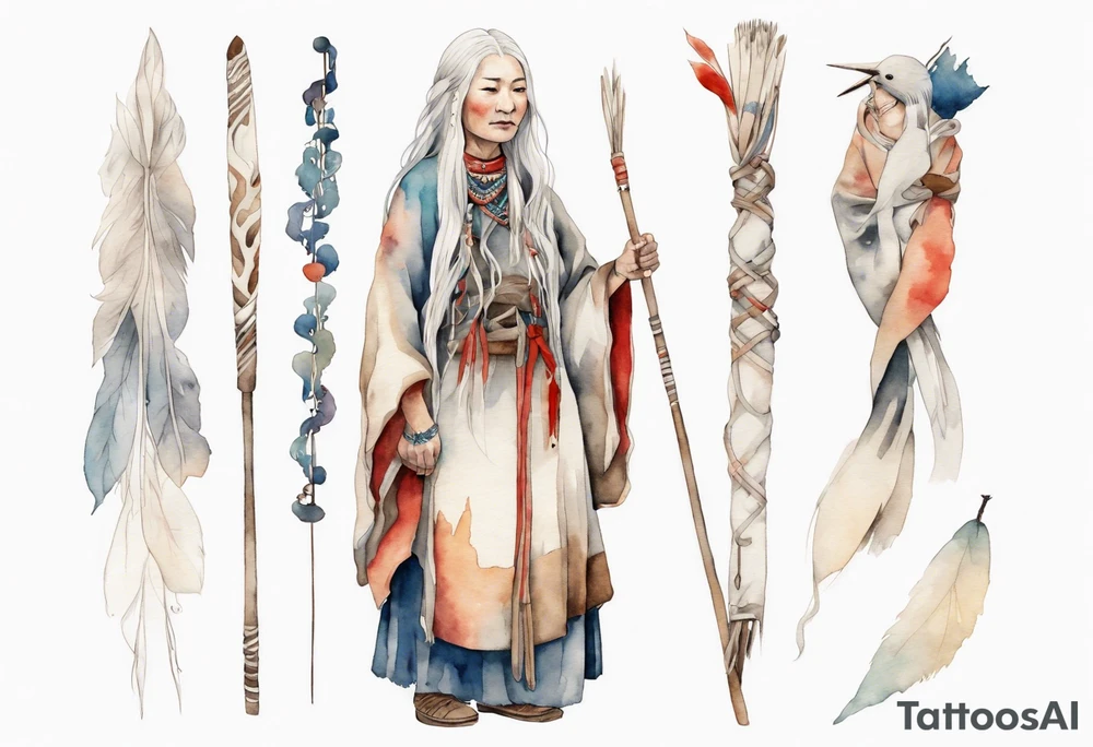 a solitary Sami woman with long white hair holding onto a white staff tattoo idea