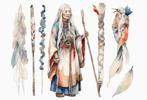 a solitary Sami woman with long white hair holding onto a white staff tattoo idea