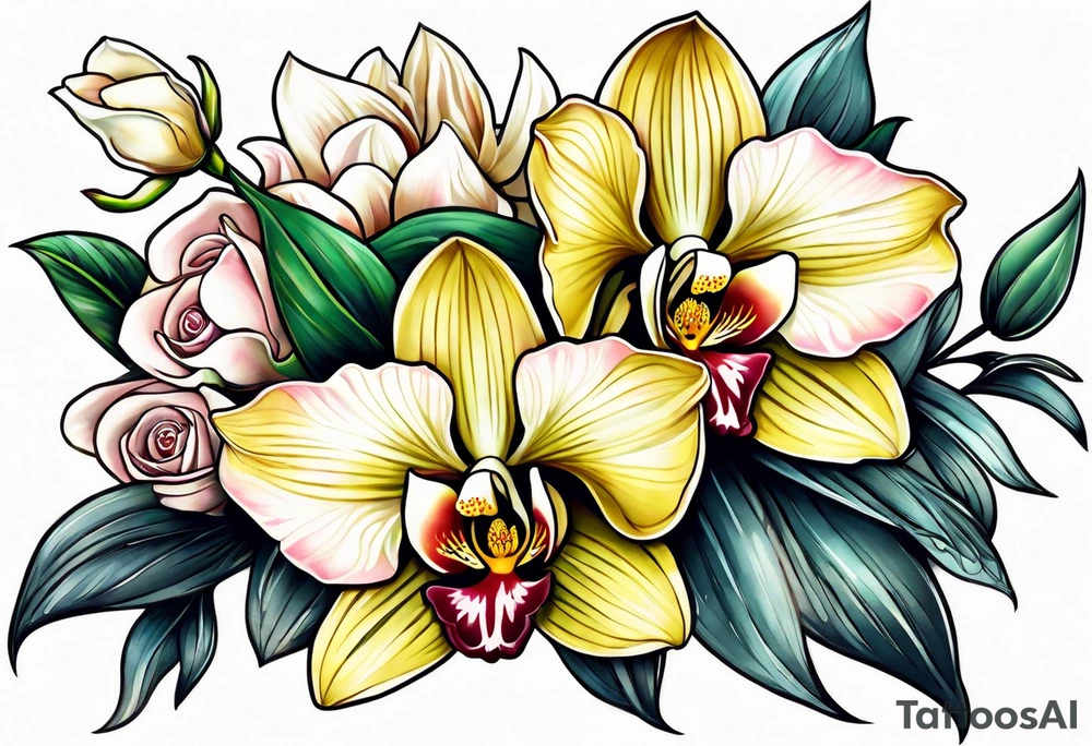 Cymbidium orchid and roses tattoo idea