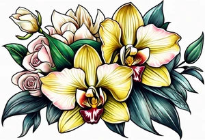 Cymbidium orchid and roses tattoo idea