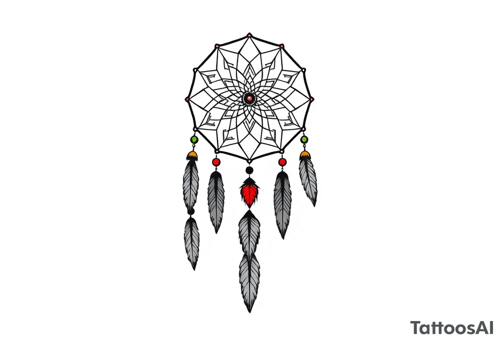 skinny dreamcatcher with feathers and some color tattoo idea