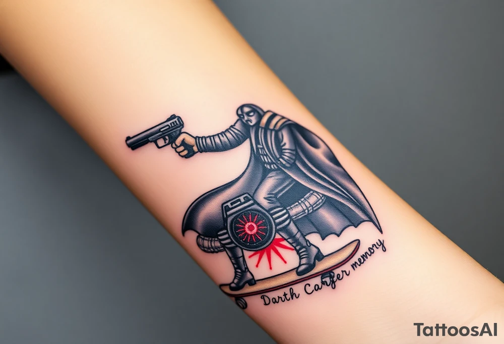 Darth Vader skateboarding holding gun > bullets > memorial > god > colors > futuristic 
add name "Darth Carter" on skateboard
add date in loving memory 12/29/88-01/06/24 tattoo idea