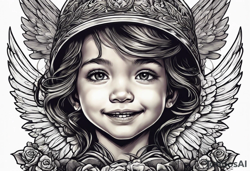 Kid smiling looking up at angel of death tattoo idea