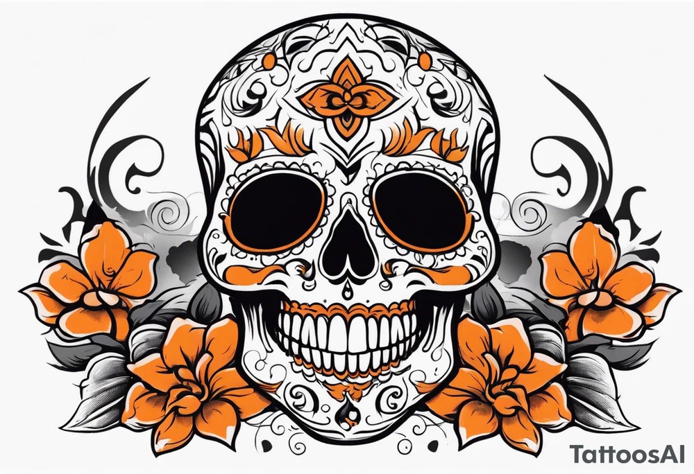 Mexican skull with smoke coming out of the bottom orange and black tattoo idea