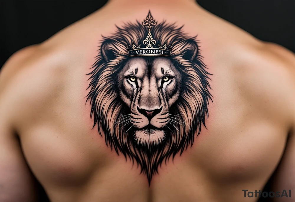 Realistic lion with whole body with crown and "VERONESI" name add on it tattoo idea