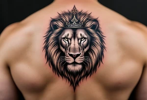 Realistic lion with whole body with crown and "VERONESI" name add on it tattoo idea