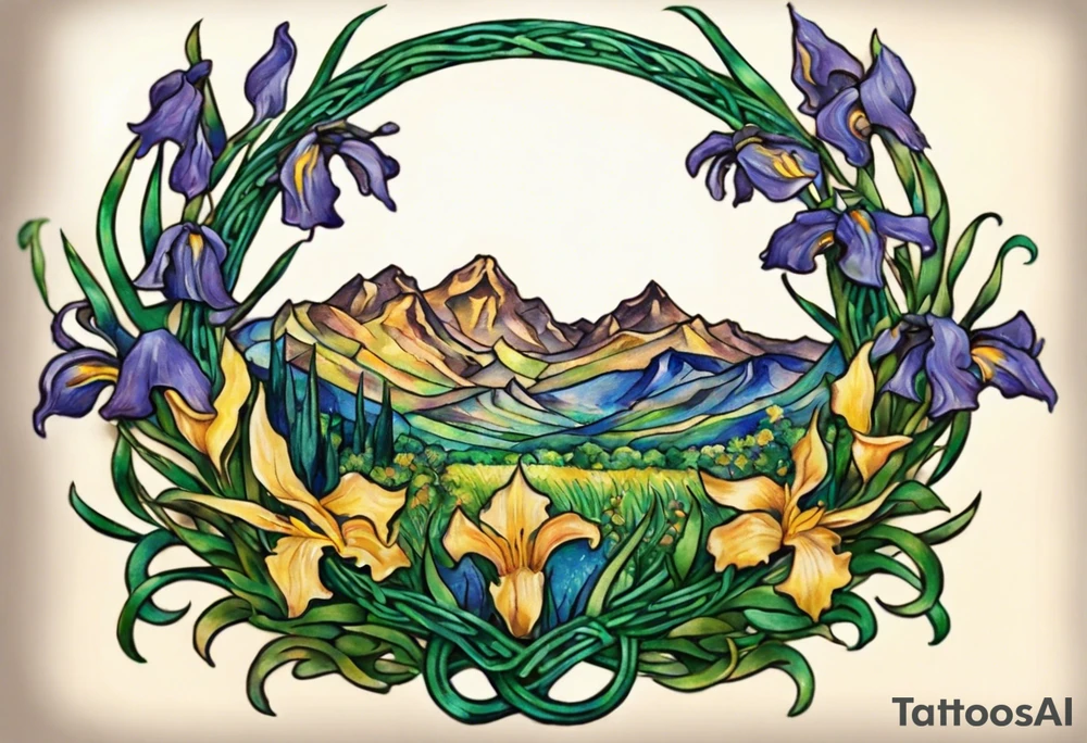 Create a small, colorful Vincent van Gogh Irises tattoo in the form of a crescent, with vines in Celtic knot style gracefully intertwining at a central point in the middle of the wreath. The intended placement is on the upper chest. The middle needs mountains. The overall design should be small in size while maintaining a delicate and artistic aesthetic. Pay attention to the graceful flow of the vines and the placement of the irises to achieve a refined and elegant look. tattoo idea