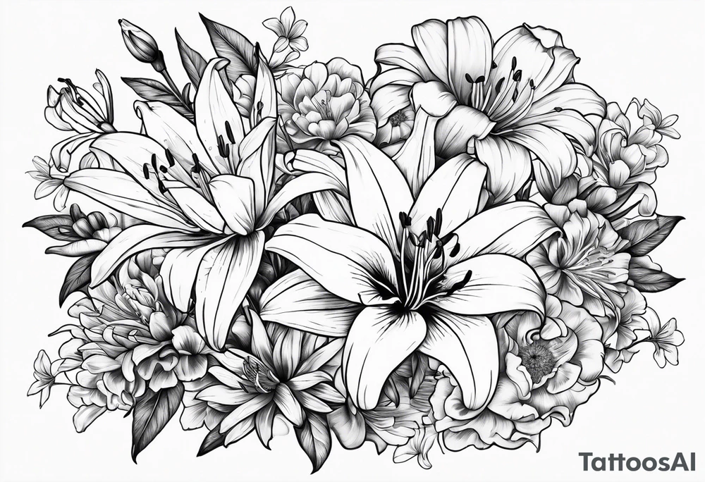 lily, marigold, cosmo, and aster tattoo idea