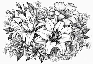 lily, marigold, cosmo, and aster tattoo idea
