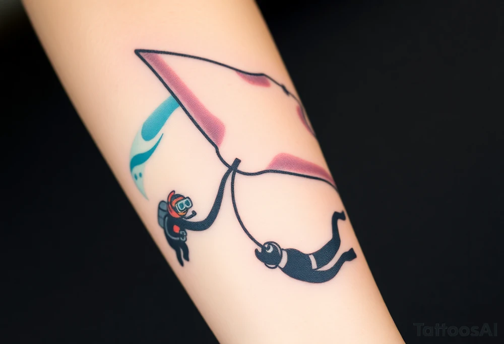 Manta ray silhouette above, scuba diver underneath, water backround tattoo idea