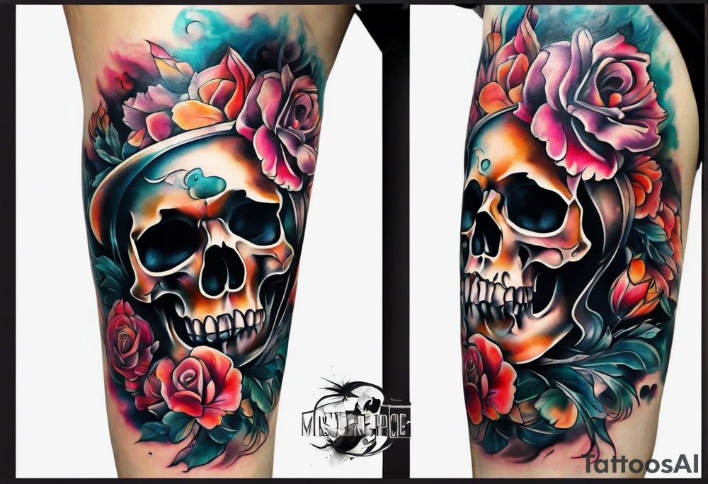 front knee tattoo with flowers & skulls, & water washes, background washes tattoo idea