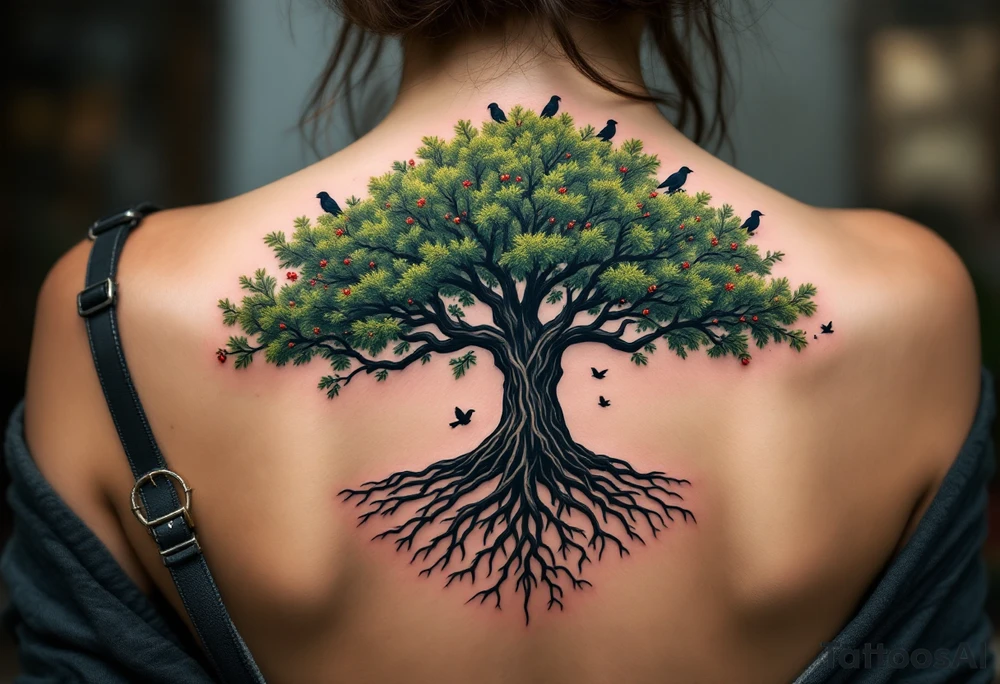 Slavic Tree of Life — A large oak tree with roots intertwining in black and branches stretching in vibrant green, filled with tiny red berries and birds flying around the crown. tattoo idea