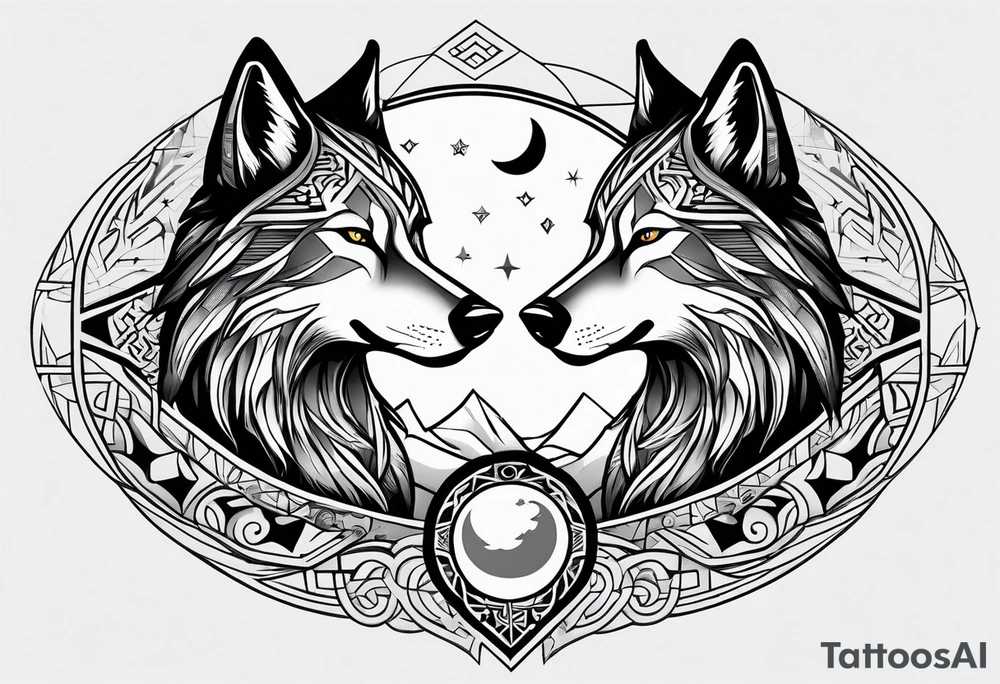 Forearm futuristic tribal theme design with moon and wolves and arabic words tattoo idea