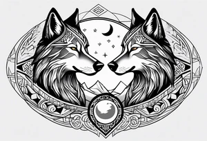 Forearm futuristic tribal theme design with moon and wolves and arabic words tattoo idea