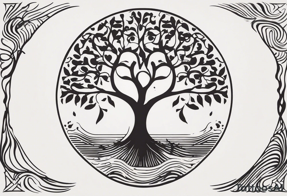 A tattoo design that incorporates the following elements: an abstract tree of life that has roots emerging  from the ground. Waves of water encapsulate the tree and wind around it in an organic way.  Incorporate music.   the letters U and A are overlapping and engraved into the tree. The game of golf incorporated but not prominent. tattoo idea
