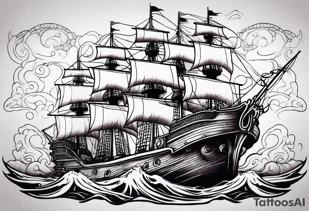 Purple and green kraken blue water brown ship breaking tattoo idea