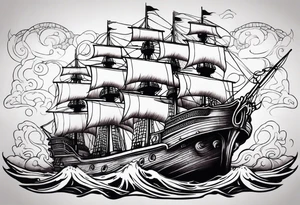 Purple and green kraken blue water brown ship breaking tattoo idea