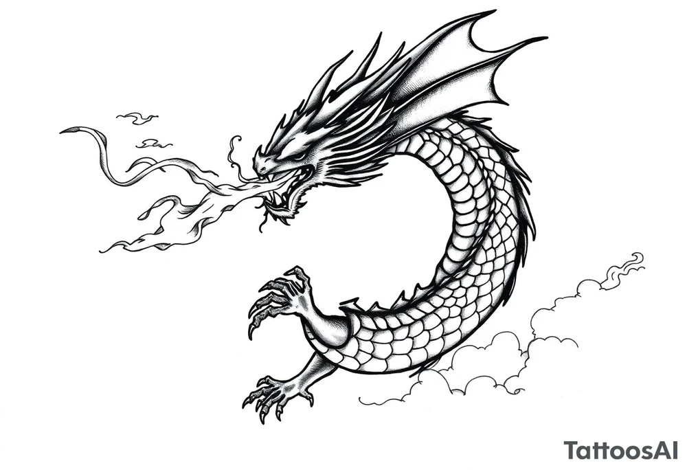 fierce dragon breathing iridescent fire against stormy skies tattoo idea