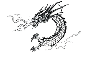 fierce dragon breathing iridescent fire against stormy skies tattoo idea