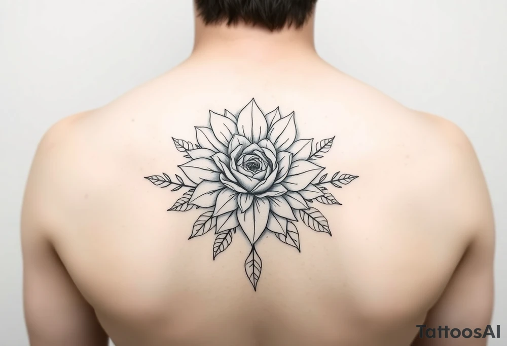 Hand-drawn tattoo-style illustration of a sunflower and a rose for a woman's arm. Surrounding the flower is delicate, symmetrical greenery and leaves. The overall style is simplistic, clean, and in greyscale line art, suitable for a tattoo design. Minimalist and elegant, with fine lines and no shading or color. tattoo idea