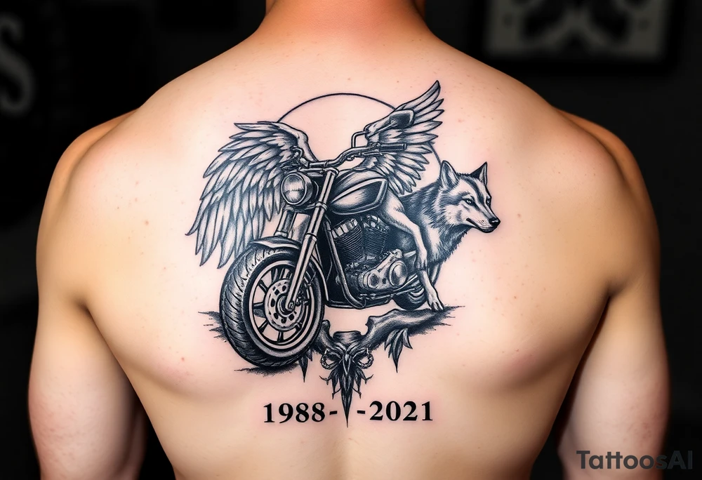 the year 1958 - 2021 with a motorcycle on it with guardian angel wolves tattoo idea