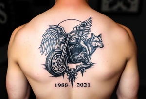 the year 1958 - 2021 with a motorcycle on it with guardian angel wolves tattoo idea