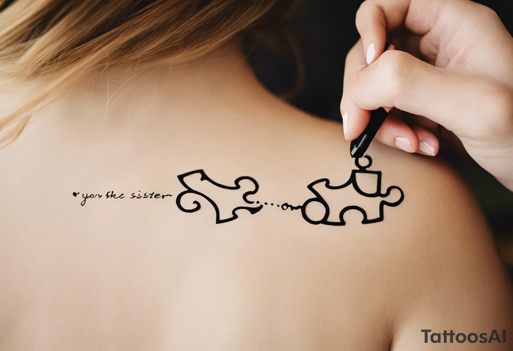 Puzzle Piece: A fine, clean outline with no shading, keeping the design light and elegant. Two pieces connected. 
Handwritten Text: inside the puzzle piece, your sister’s words “to my favorite sister,” carefully preserving the integrity of her handwriting.
This will create a balanced, meaningful design that's simple yet full of emotion—perfect for a small ankle tattoo. tattoo idea