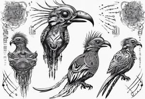 Cyberpunk Guatemalan Quetzal bird with Neurons tattoo idea