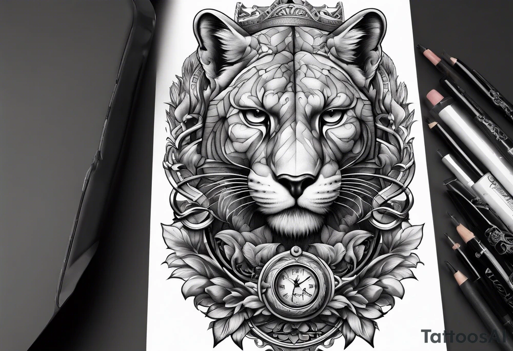 Brain in sagittal section and angry cougar inside hourglass tattoo idea